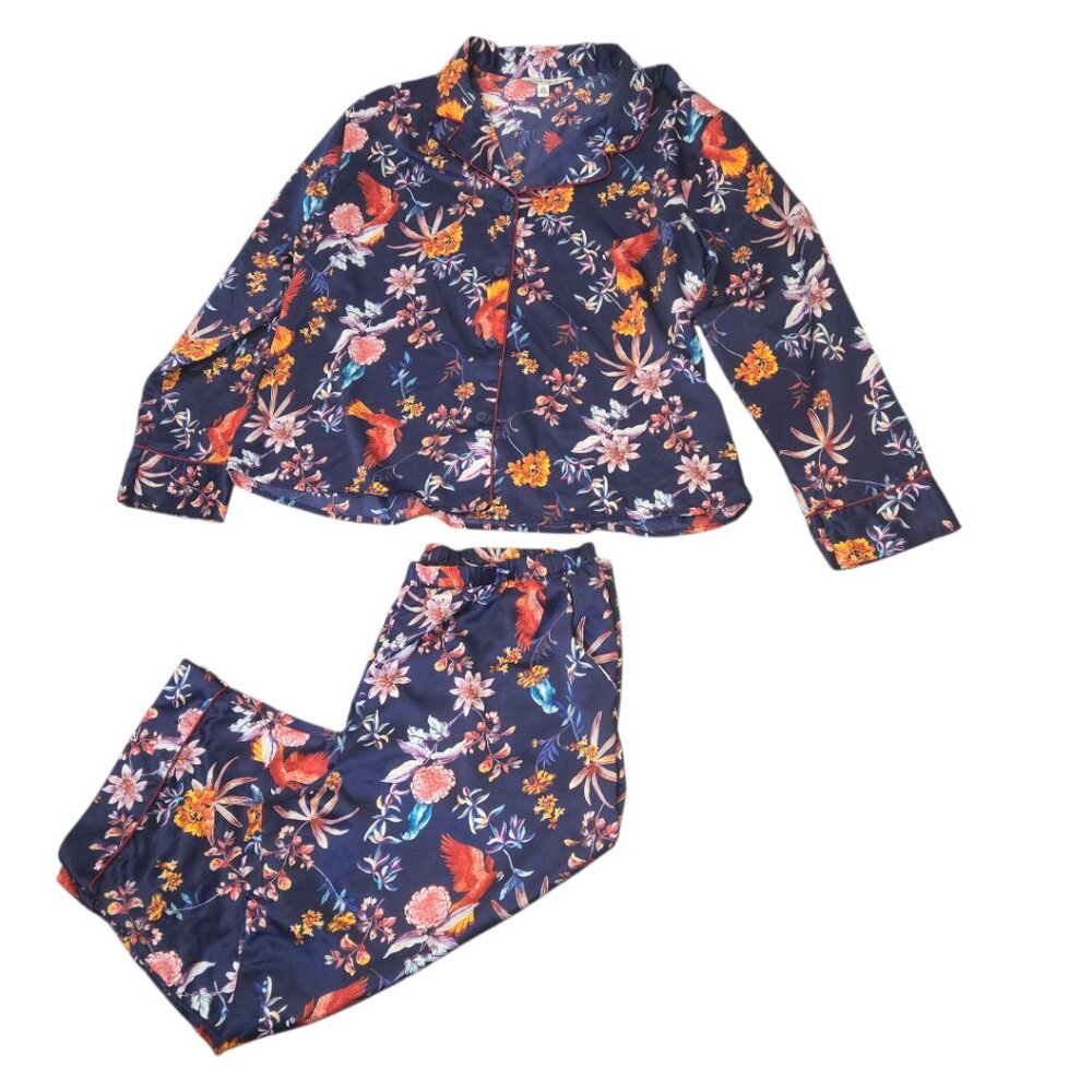Pioneer Woman Silky Pajama Set XXL Blue Floral 2 Pc Long Sleeve & Capri Lounge